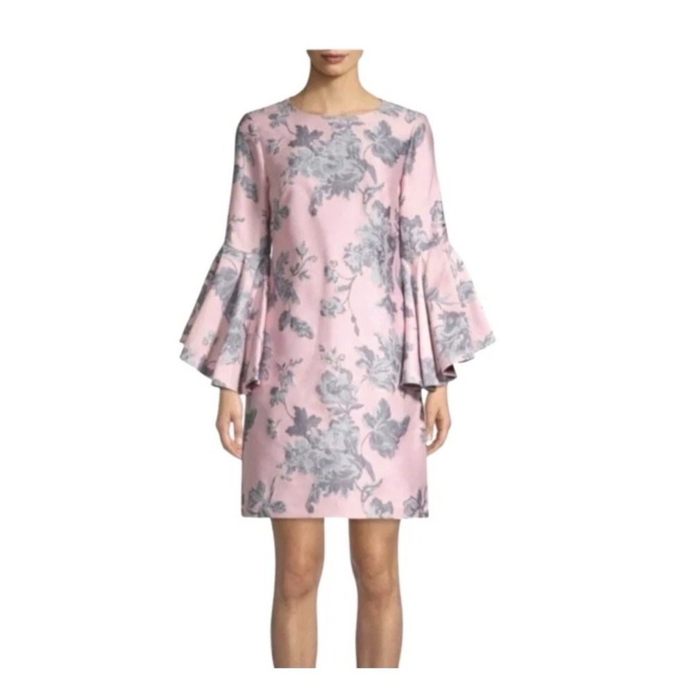 NWT Belle Badgley Mischka Freya Floral Bell Sleeve‎ Dress Sz 0 Pink Blue Brocade